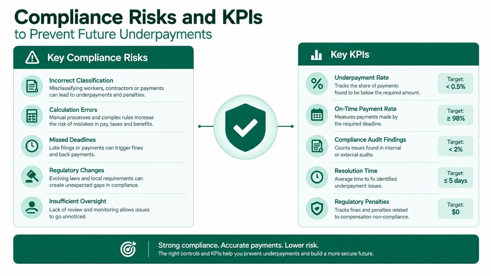 A visual infographic detailing key compliance risks and KPIs to prevent employee payment underpayments in organizations.