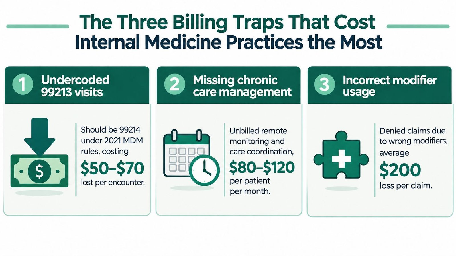 An infographic showing three common billing mistakes costing internal medicine practices significant revenue per encounter.