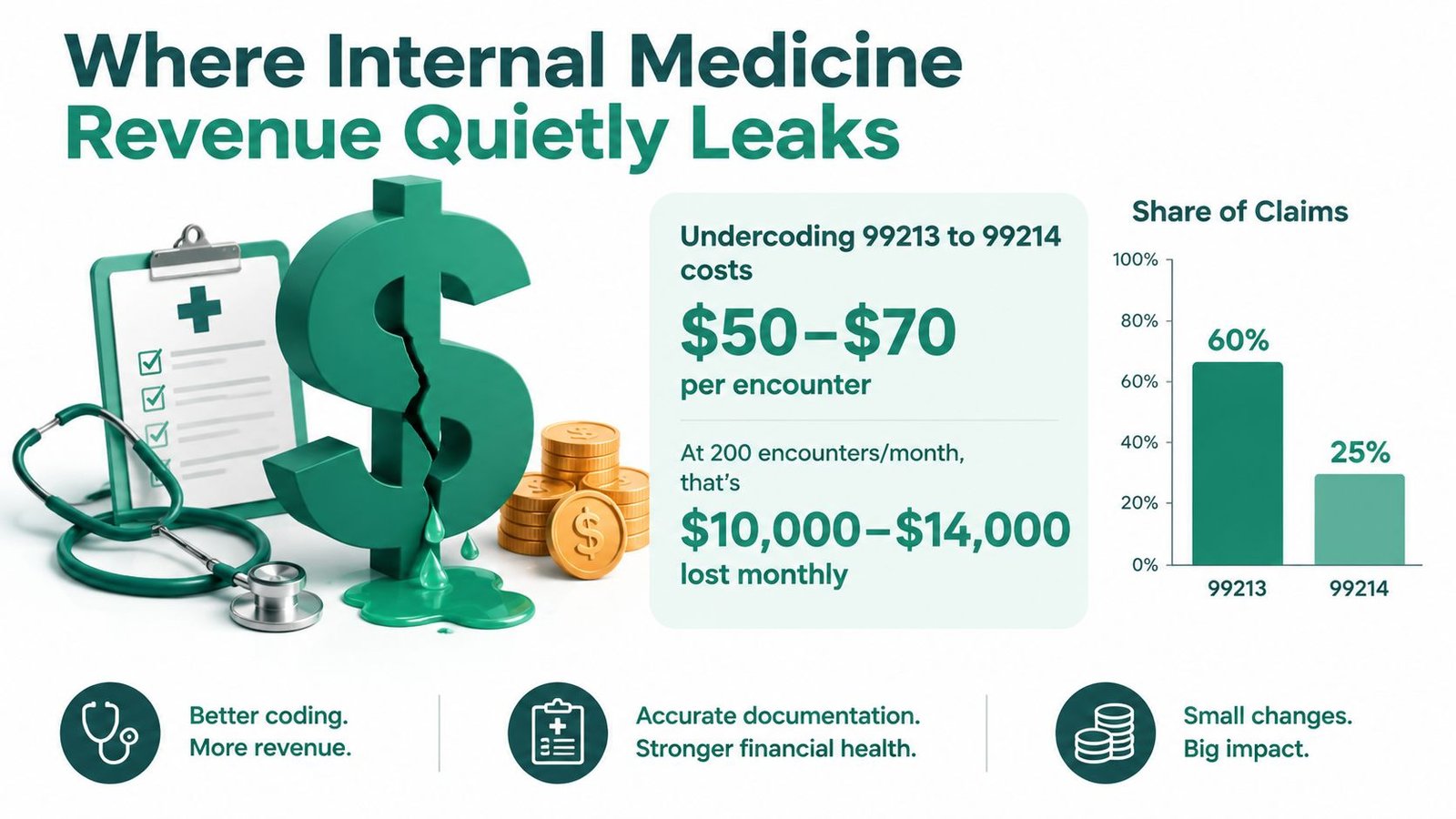 An infographic illustrating how undercoding medical claims leads to significant monthly revenue loss for internal medicine practices.