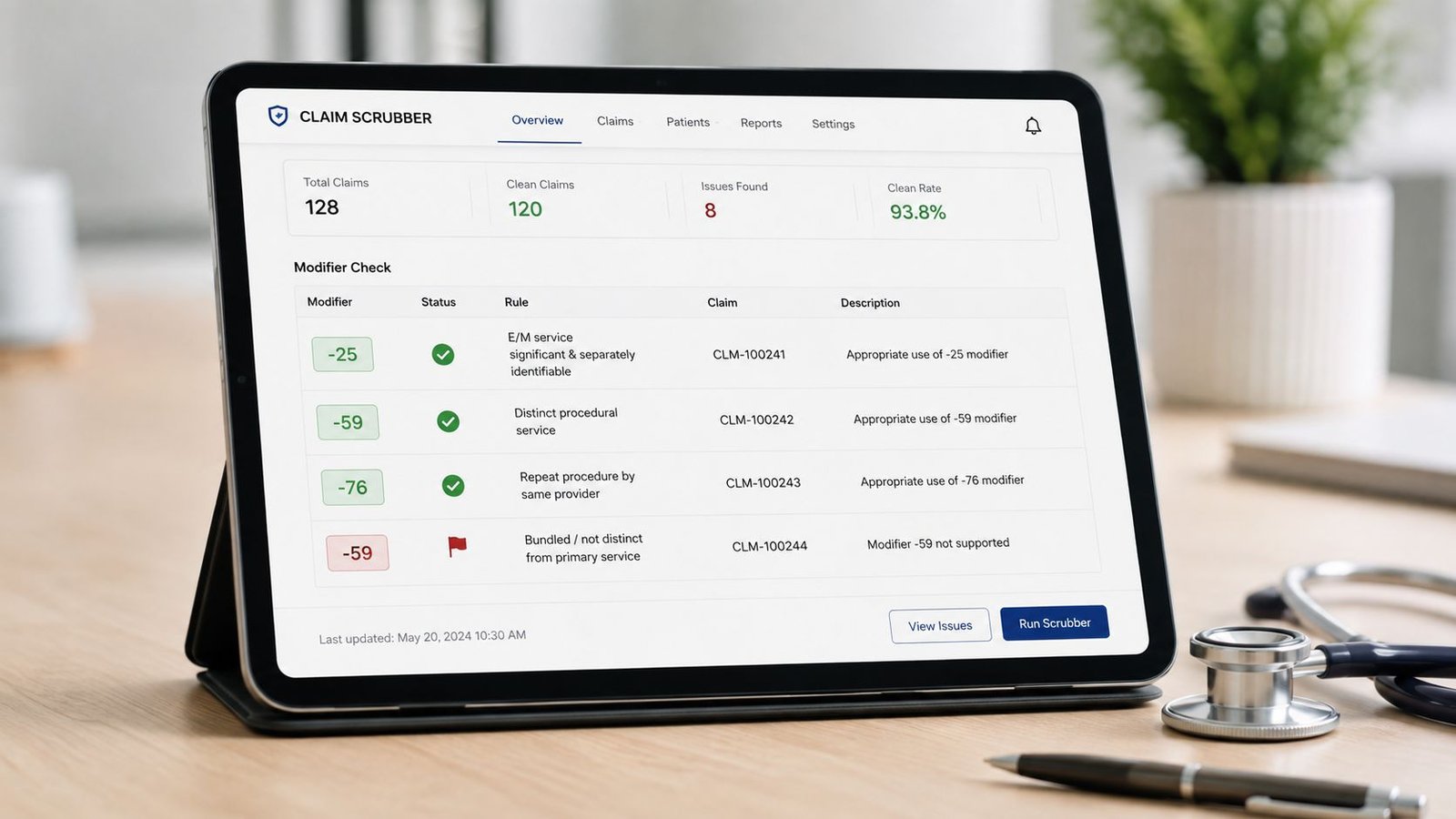 A digital tablet displaying a medical billing dashboard showing claim scrubber analysis results and modifier checks.