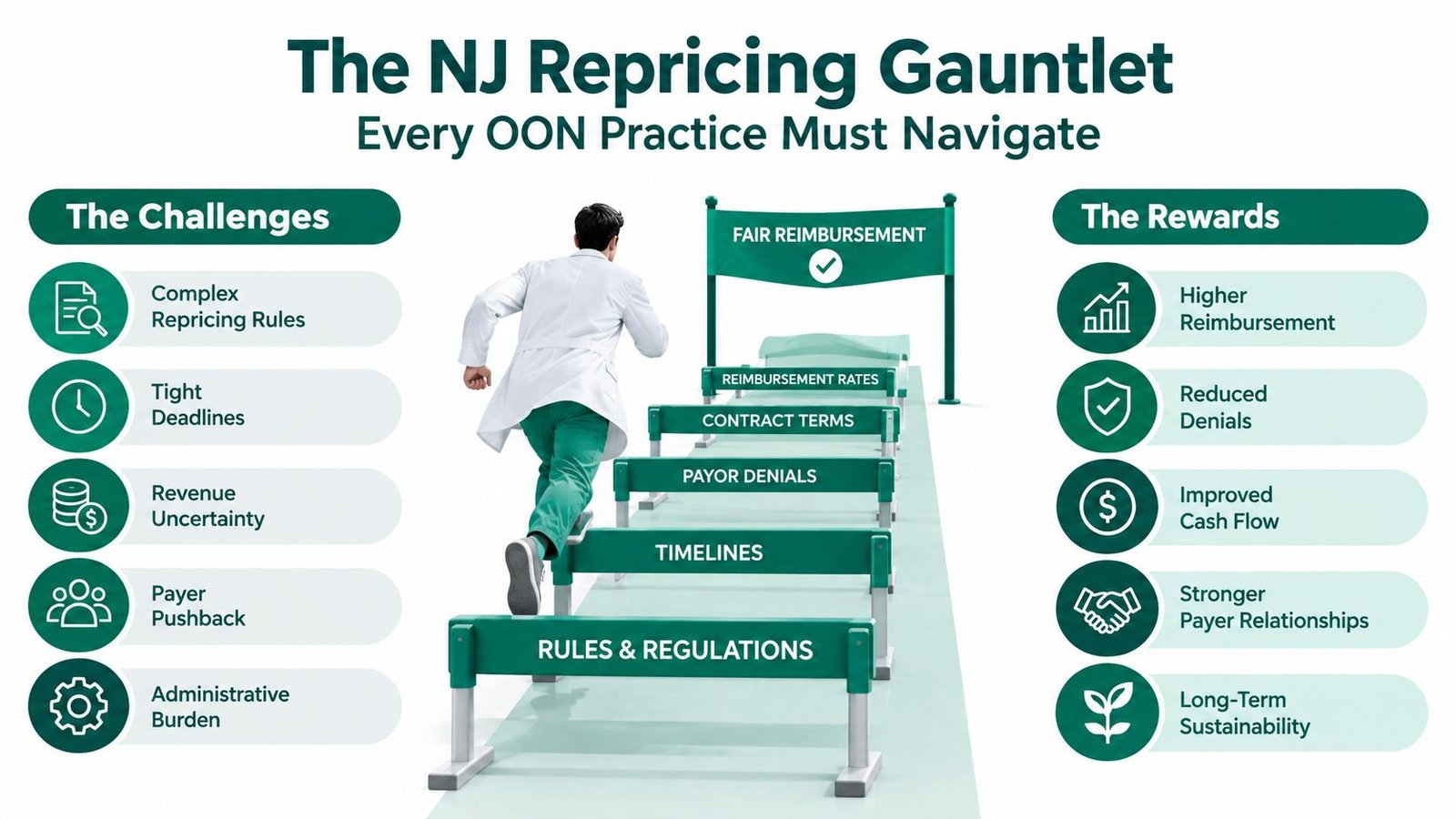 A healthcare provider jumping over hurdles representing challenges to reach fair reimbursement in New Jersey medical billing.