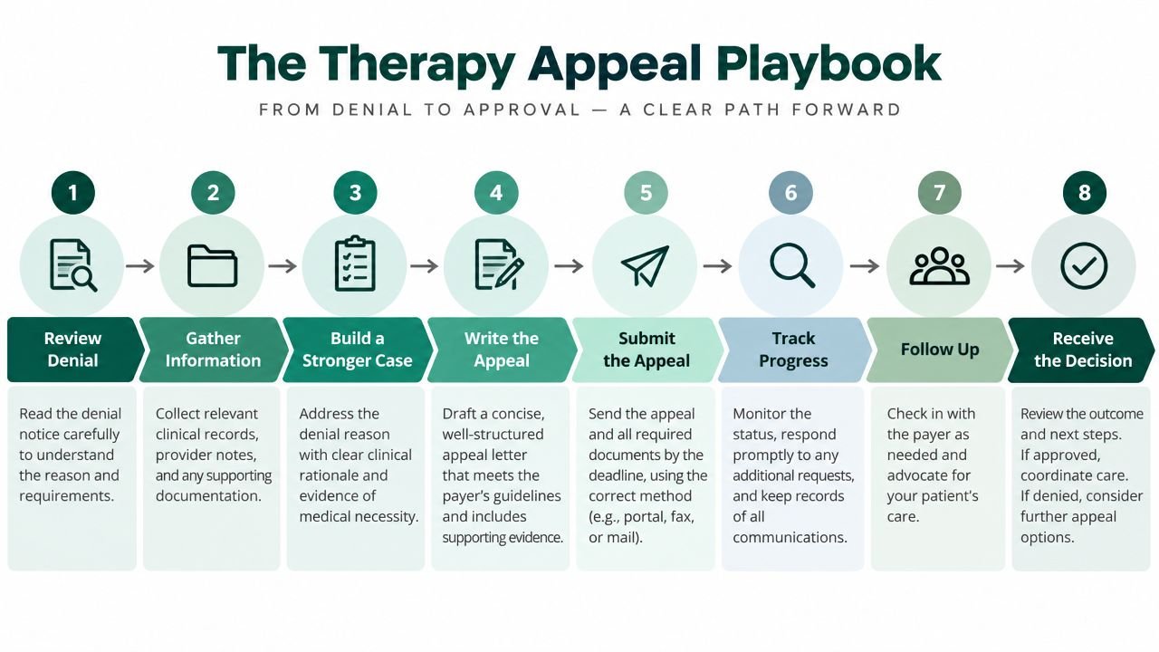 An eight-step infographic titled The Therapy Appeal Playbook detailing the medical insurance denial and appeal process.