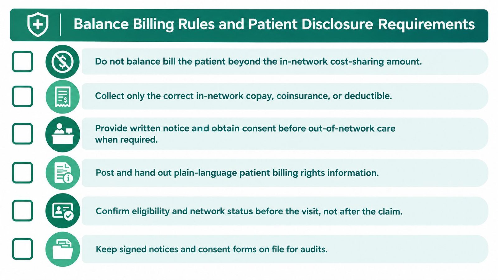 A checklist infographic outlining balance billing rules and patient disclosure requirements for healthcare practice compliance.
