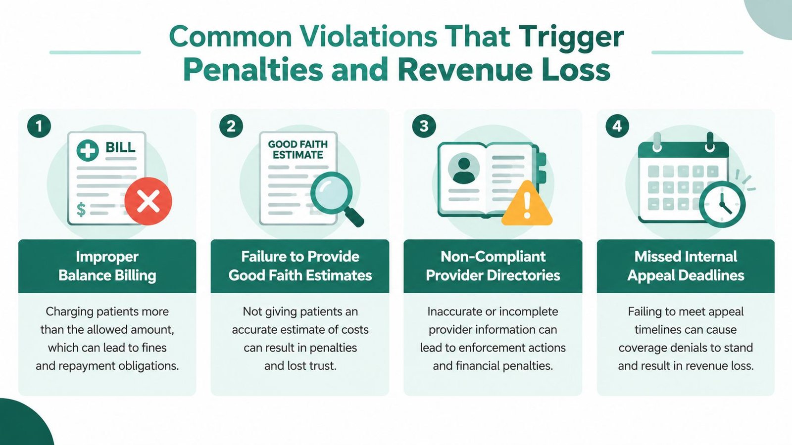 An infographic showing four common billing and compliance violations that can lead to provider penalties and revenue loss.
