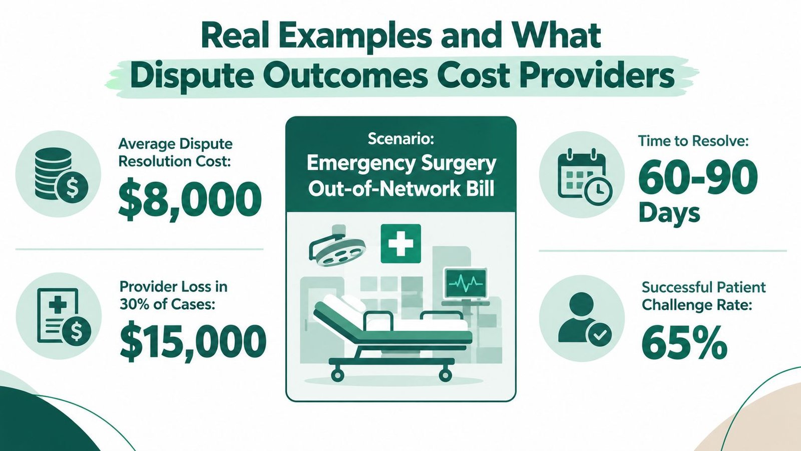 An infographic detailing the financial costs and time associated with emergency surgery out-of-network bill disputes for healthcare providers.