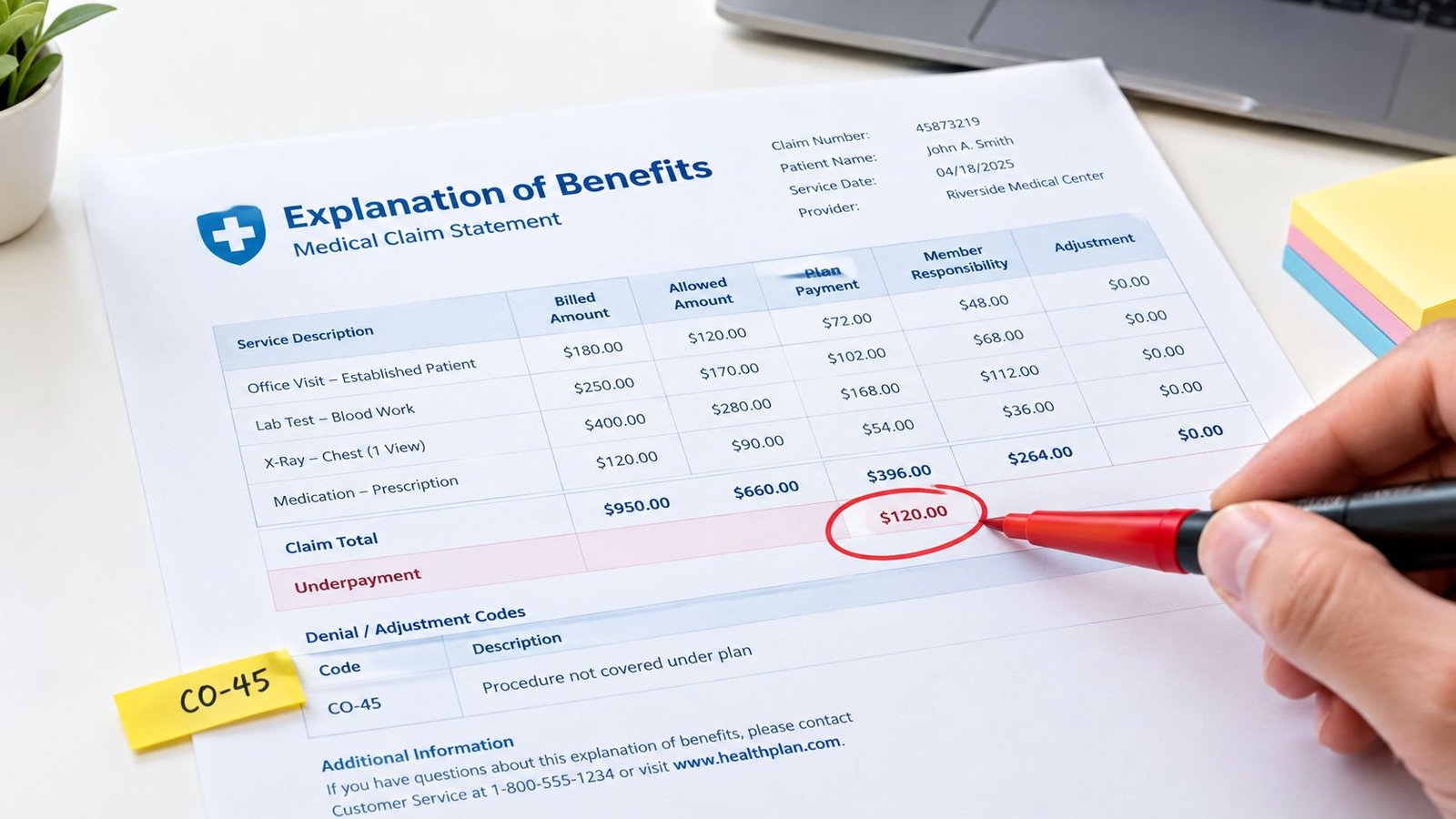 A hand points with a red pen to an underpayment total on a medical claim statement document.