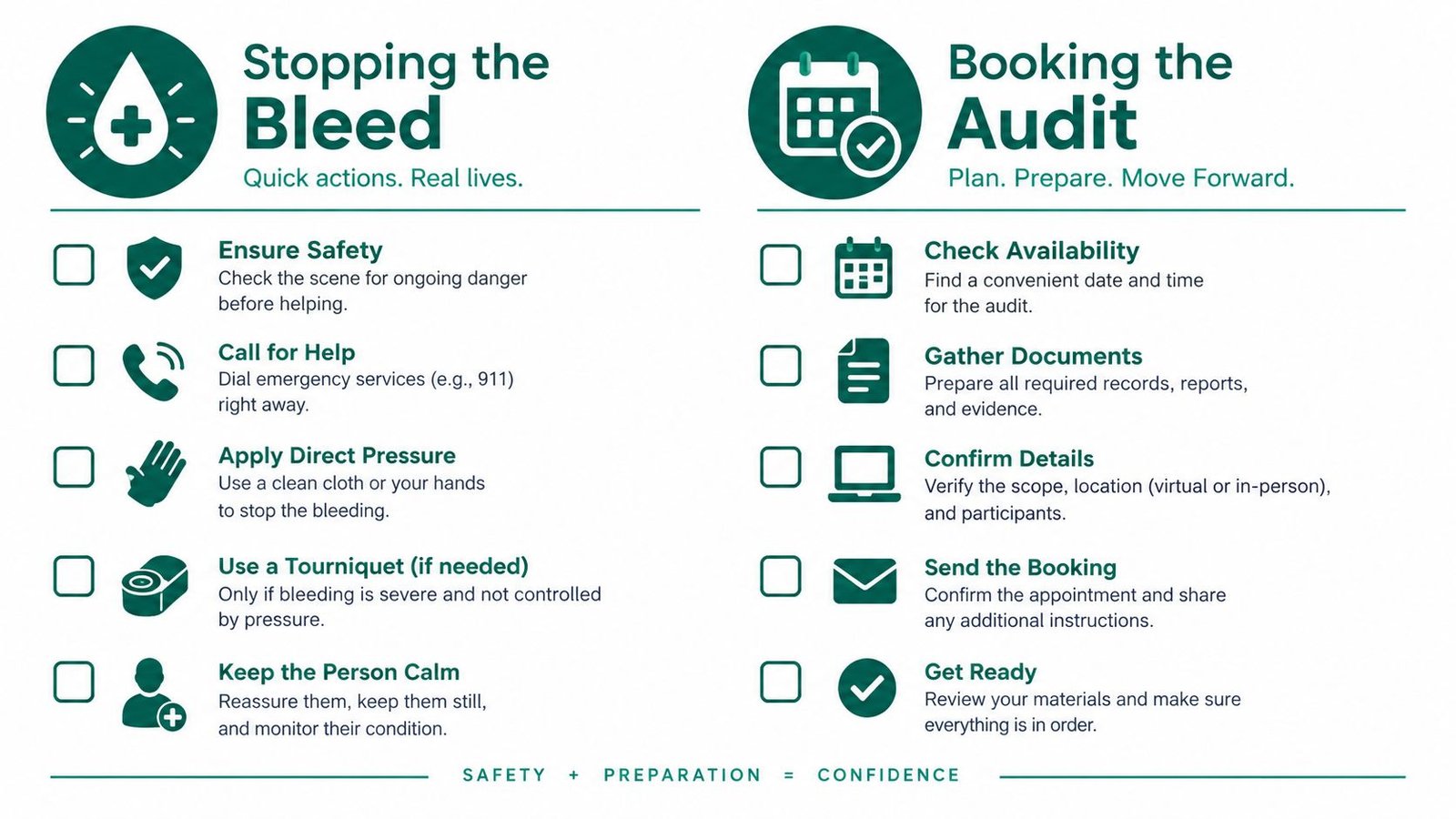 A comparison checklist infographic illustrating the steps for stopping bleeding and booking a professional audit.