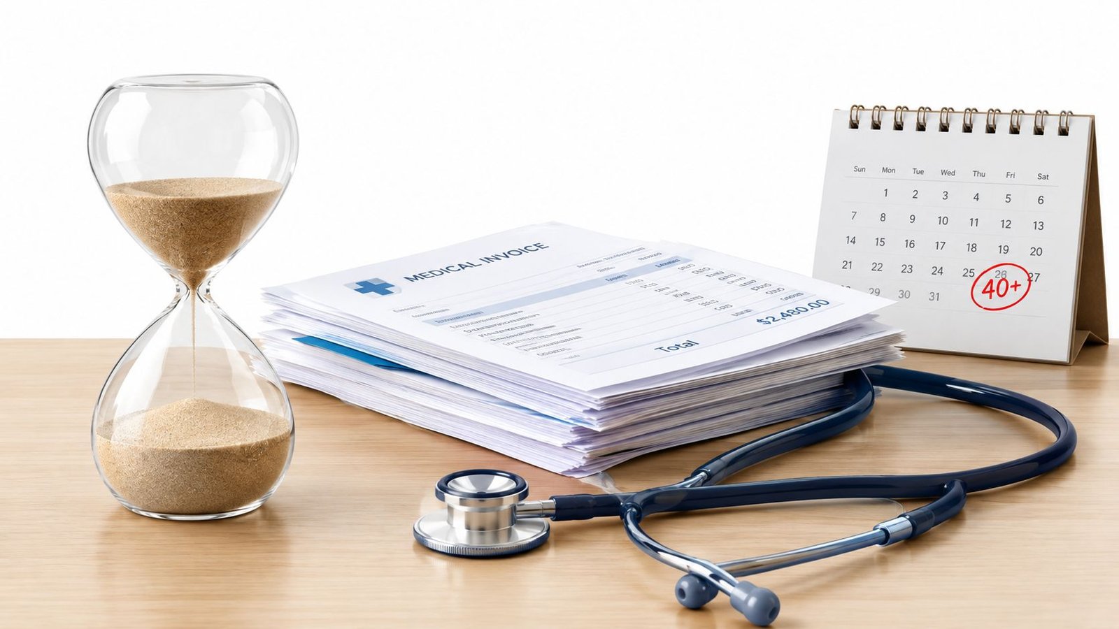 A stack of medical invoices, a stethoscope, and an hourglass sitting on a desk next to a calendar.