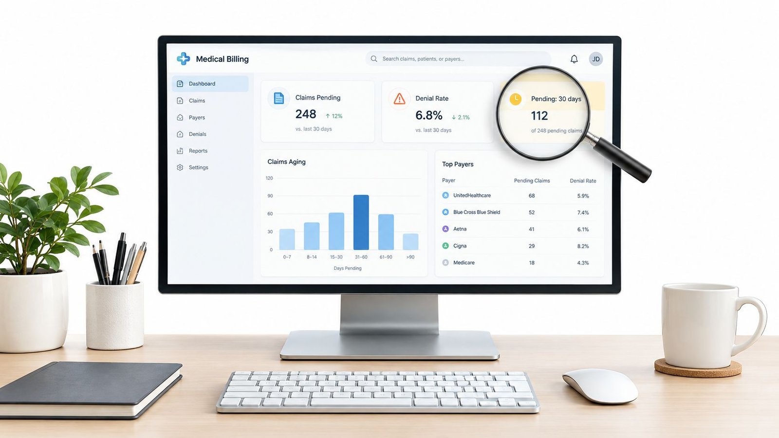 A computer monitor displaying a medical billing dashboard with analytics on pending claims and insurance payer data.
