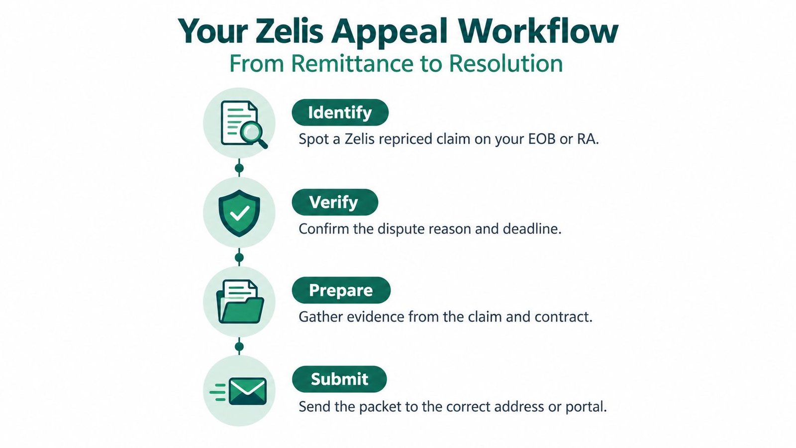 A flow chart illustrating the four-step Zelis appeal workflow from initial identification to final submission.