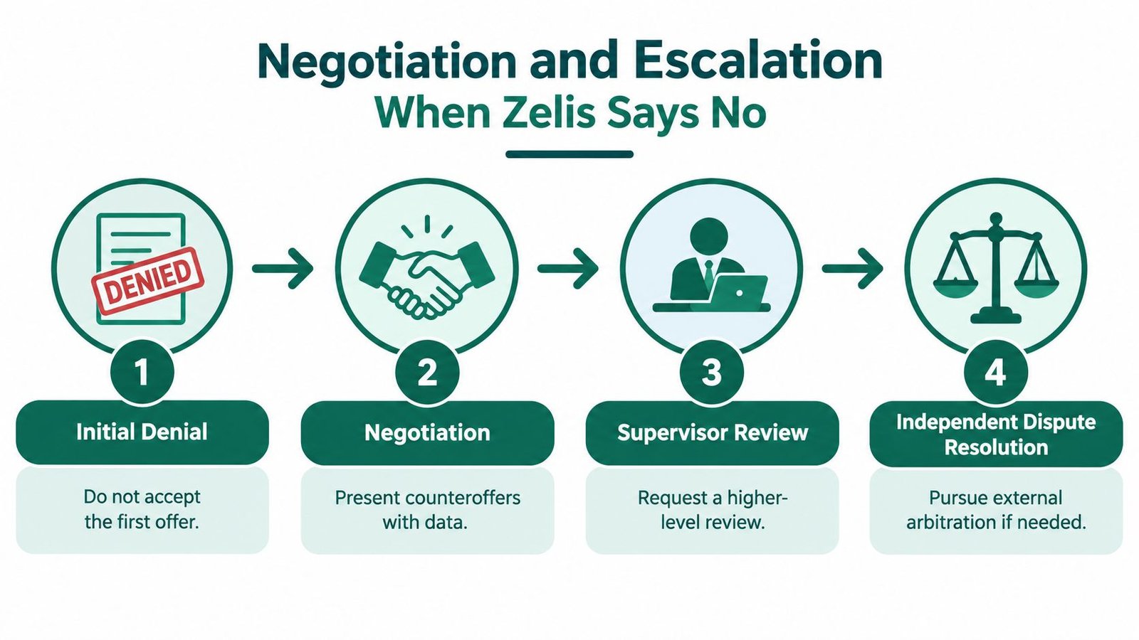 A four-step infographic illustrating the negotiation and escalation process for providers when dealing with Zelis denials.