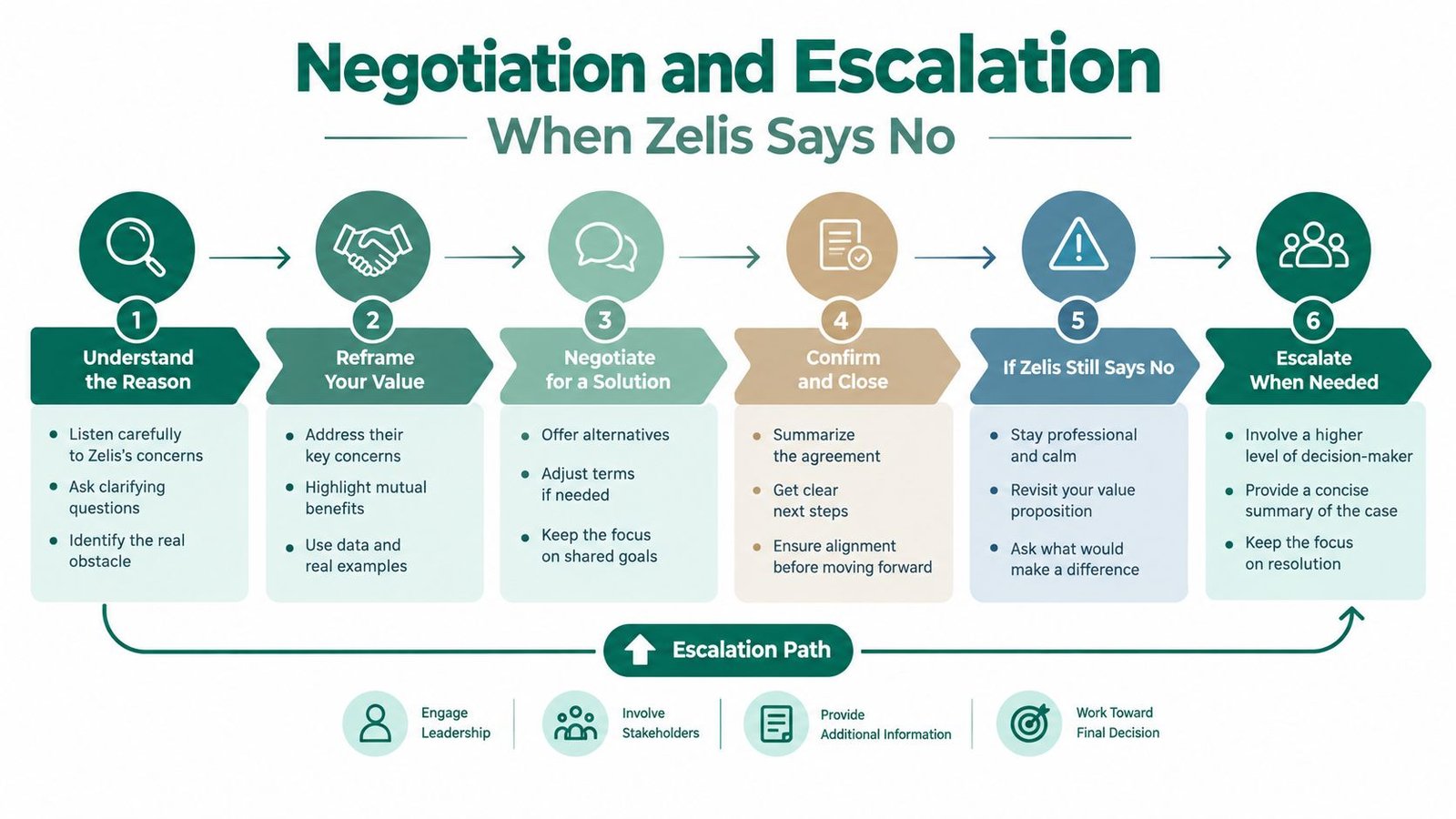 A six-step infographic guide titled Negotiation and Escalation explaining how to handle rejections from Zelis.