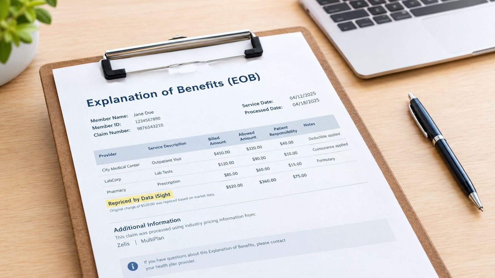 A close-up view of an Explanation of Benefits form on a clipboard with a pen nearby.