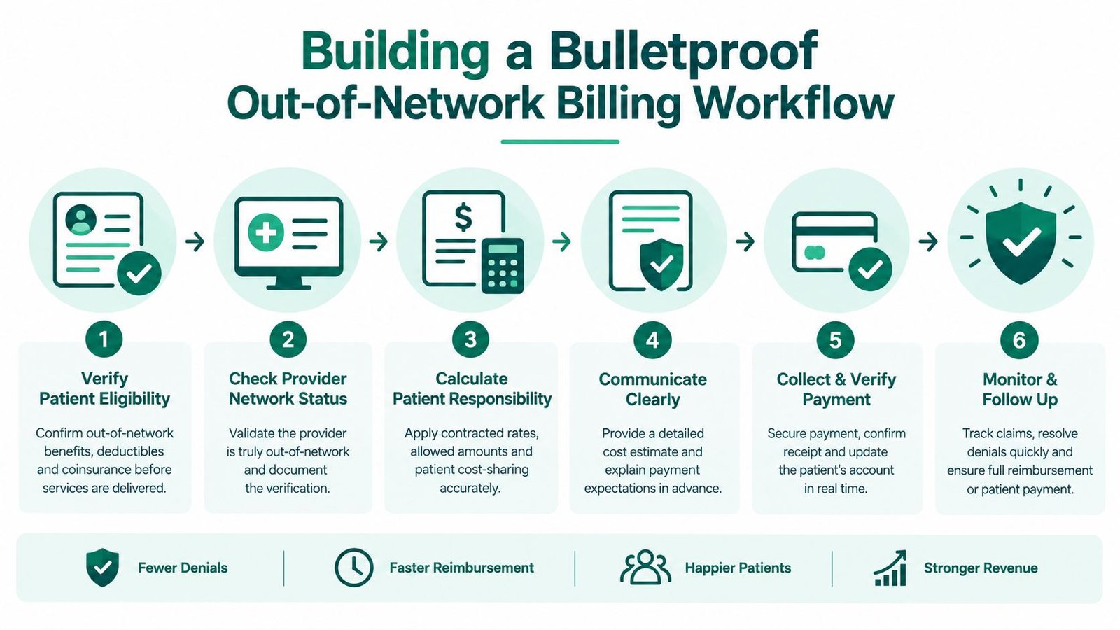 A six-step infographic illustrating a bulletproof out-of-network medical billing workflow process for healthcare providers and practices.