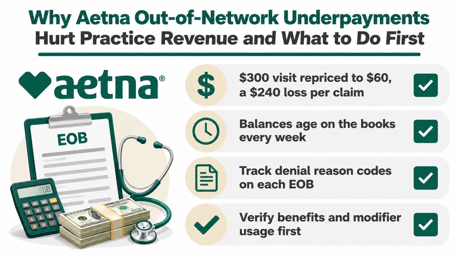 A professional infographic titled Why Aetna Out-of-Network Underpayments Hurt Practice Revenue and What to Do First.
