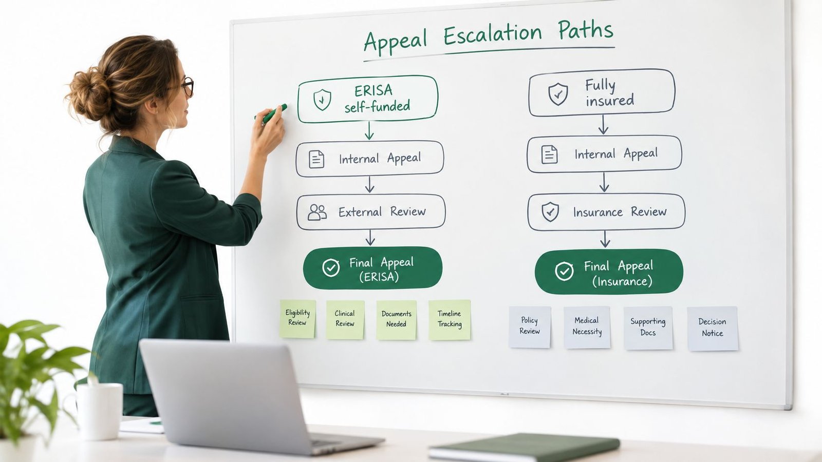 A businesswoman drawing a flowchart on a whiteboard explaining appeal escalation paths for insurance claim denials.
