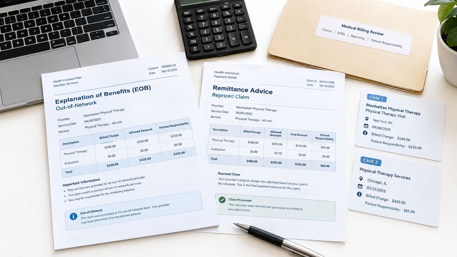 A top-down view of a workspace displaying medical billing review documents, an Explanation of Benefits, and Remittance Advice.