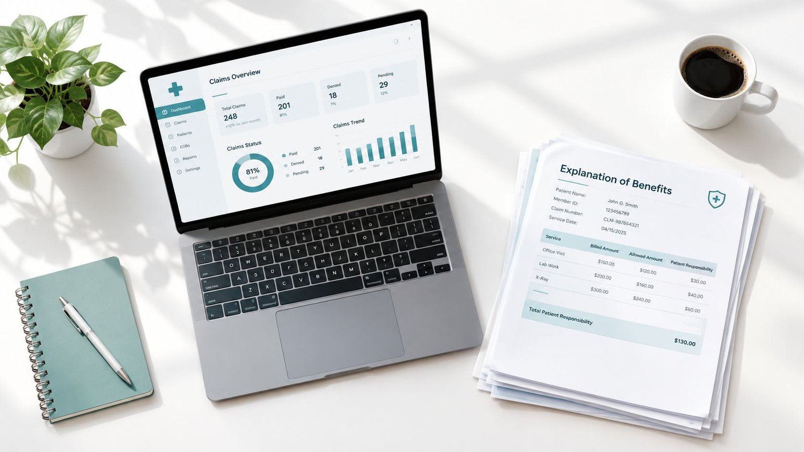 A modern workspace featuring a laptop displaying healthcare claims dashboard analytics next to insurance benefit documentation.