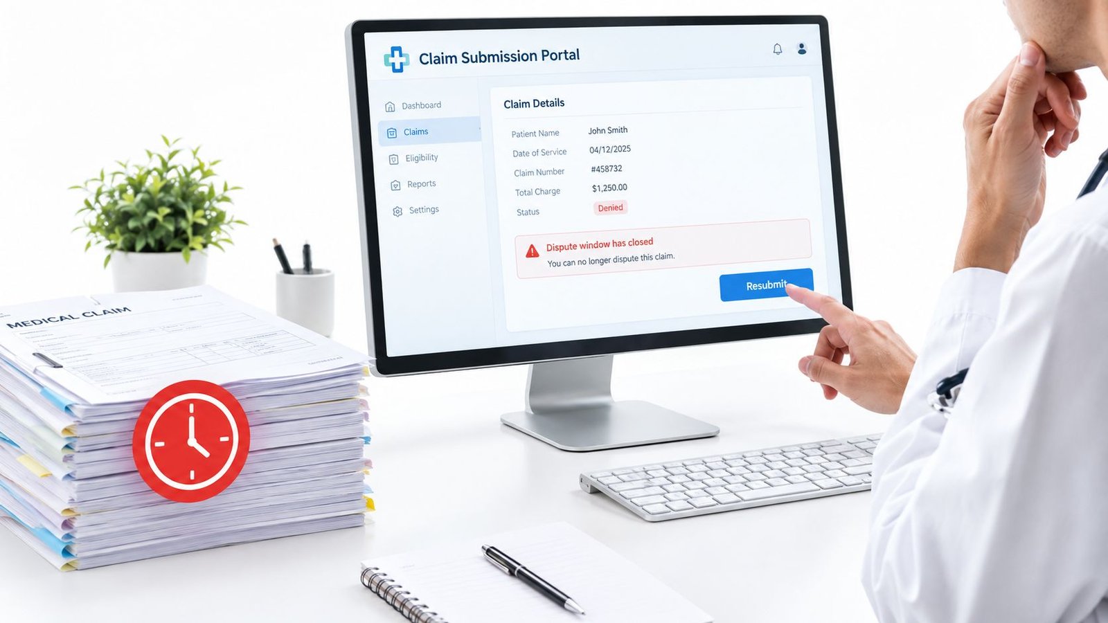 A healthcare provider looks at a denied medical claim on a computer screen in a professional office.