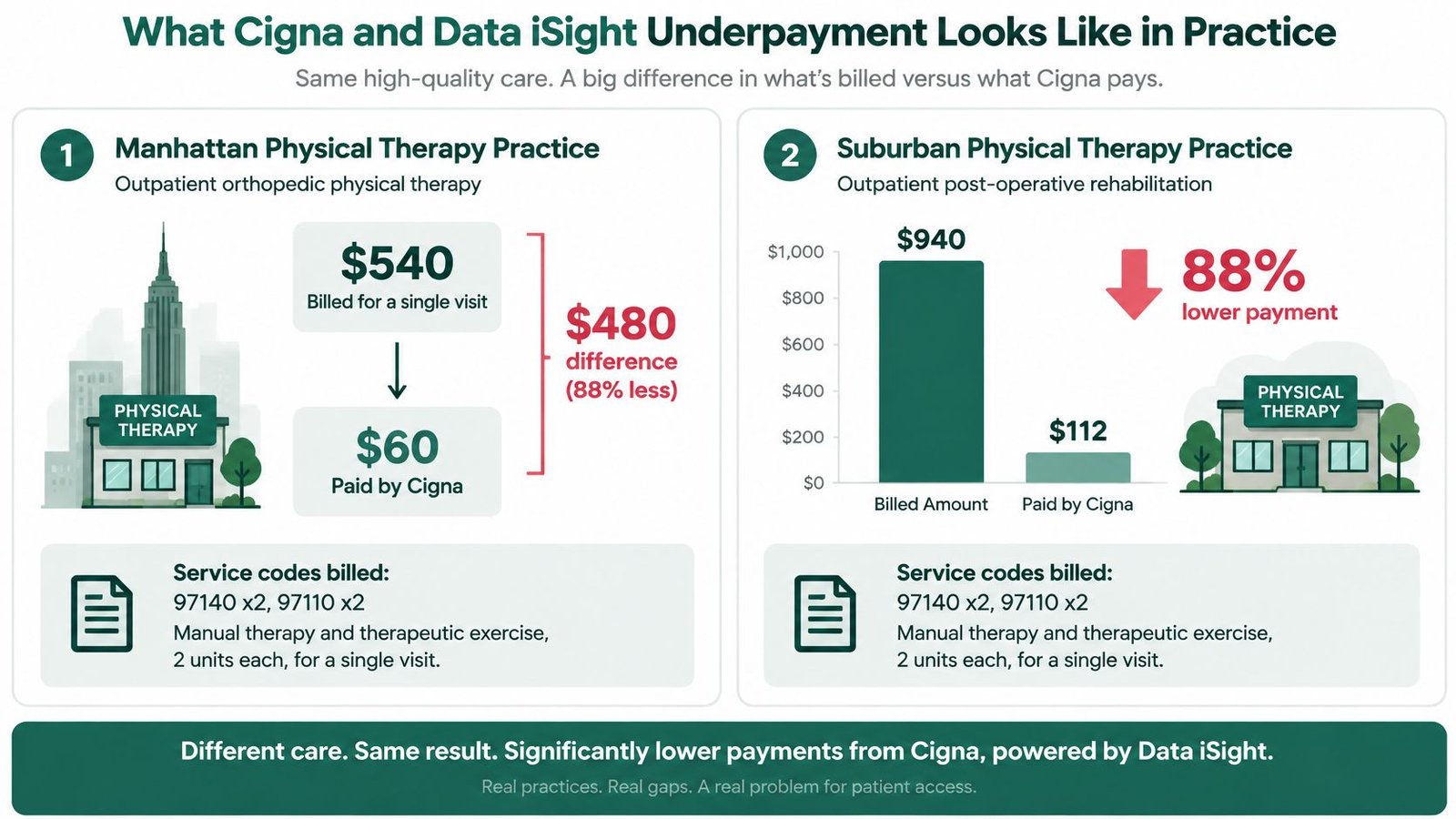 An infographic illustrating how Cigna and Data iSight underpay physical therapy practices compared to amounts billed.