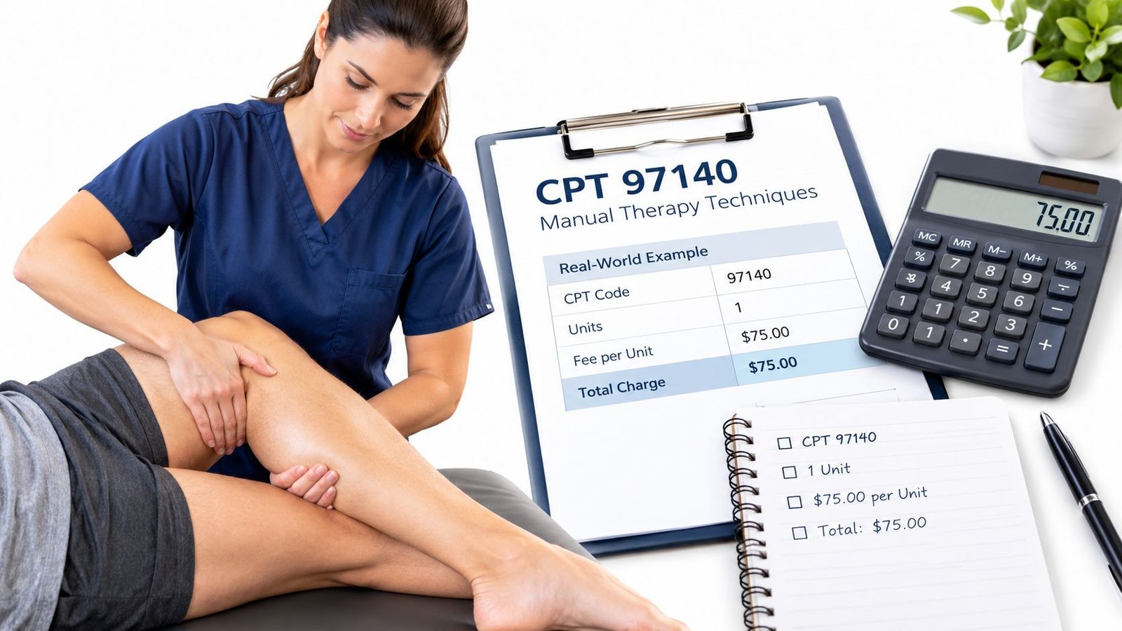 A healthcare provider performing manual physical therapy on a patient's leg with billing documentation and a calculator nearby.