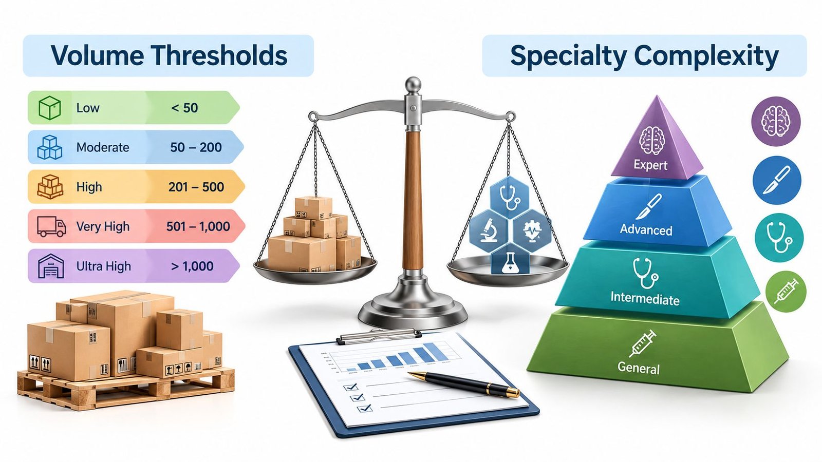A conceptual diagram showing a scale balancing shipping boxes against medical expertise levels for healthcare billing.