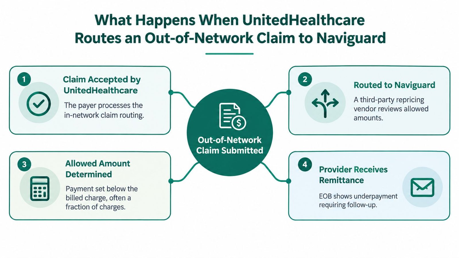 Flowchart showing four steps of UnitedHealthcare routing an out-of-network claim to the vendor Naviguard.