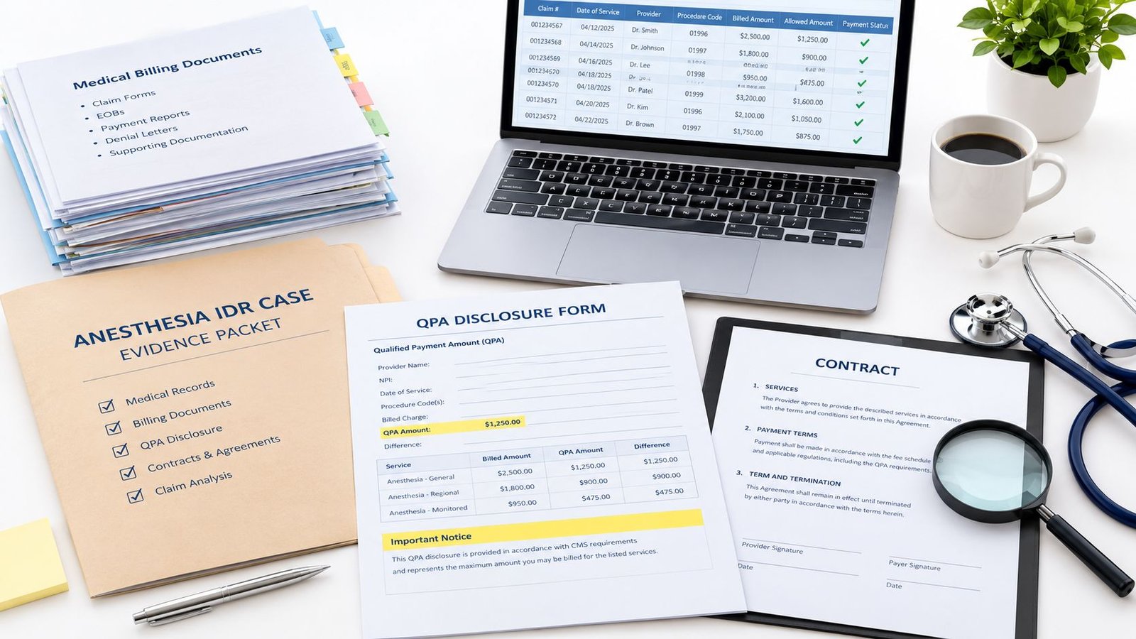 A professional desk setup featuring medical billing documents, a laptop displaying claim data, and an anesthesia IDR packet.
