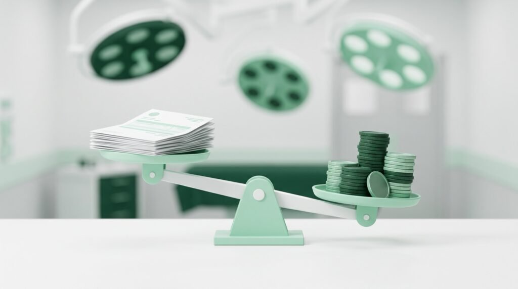 Scale weighing medical claims against payment, with an operating room in the background