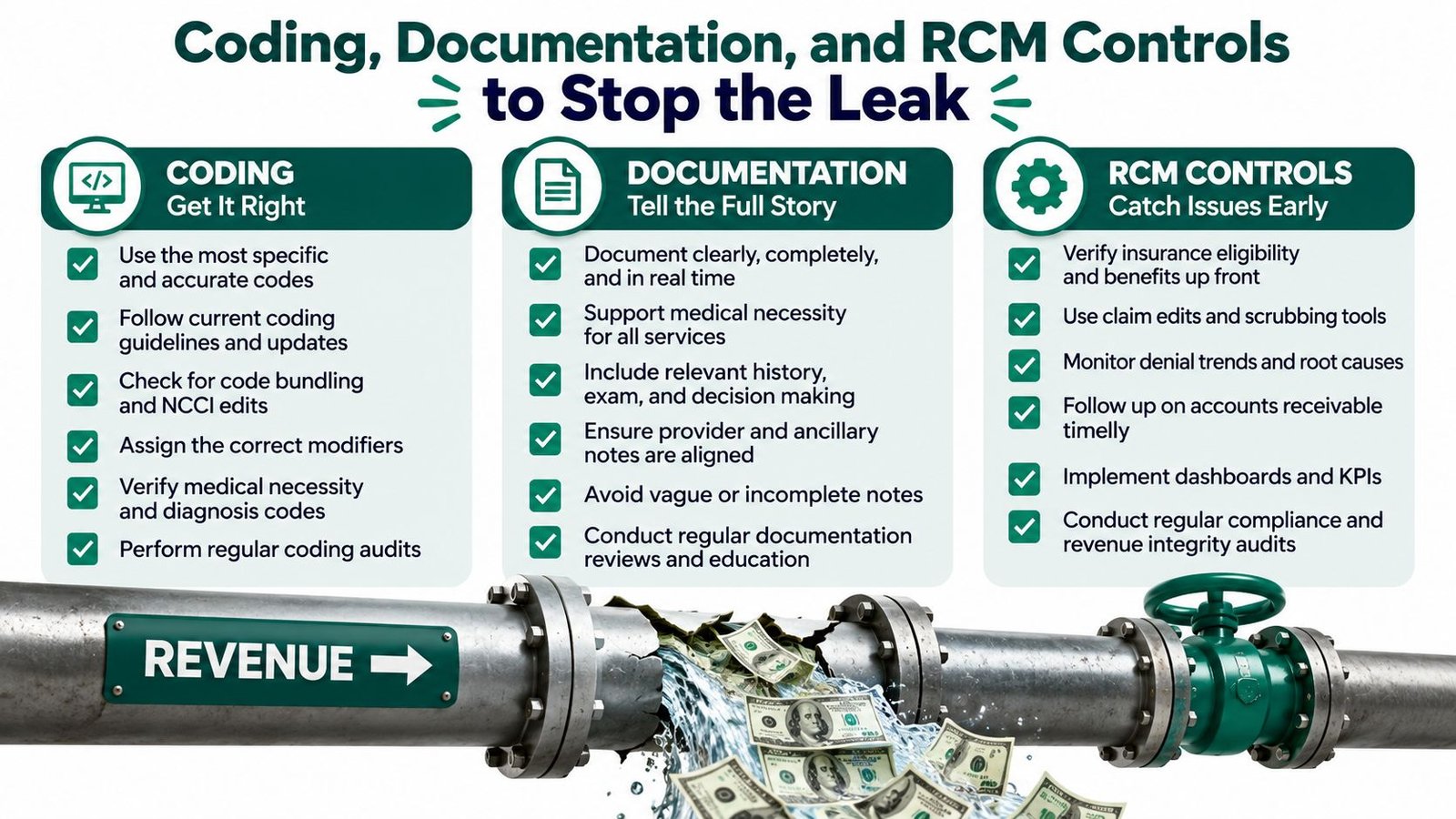 A visual guide for stopping revenue leaks in medical billing through improved coding, documentation, and RCM controls.