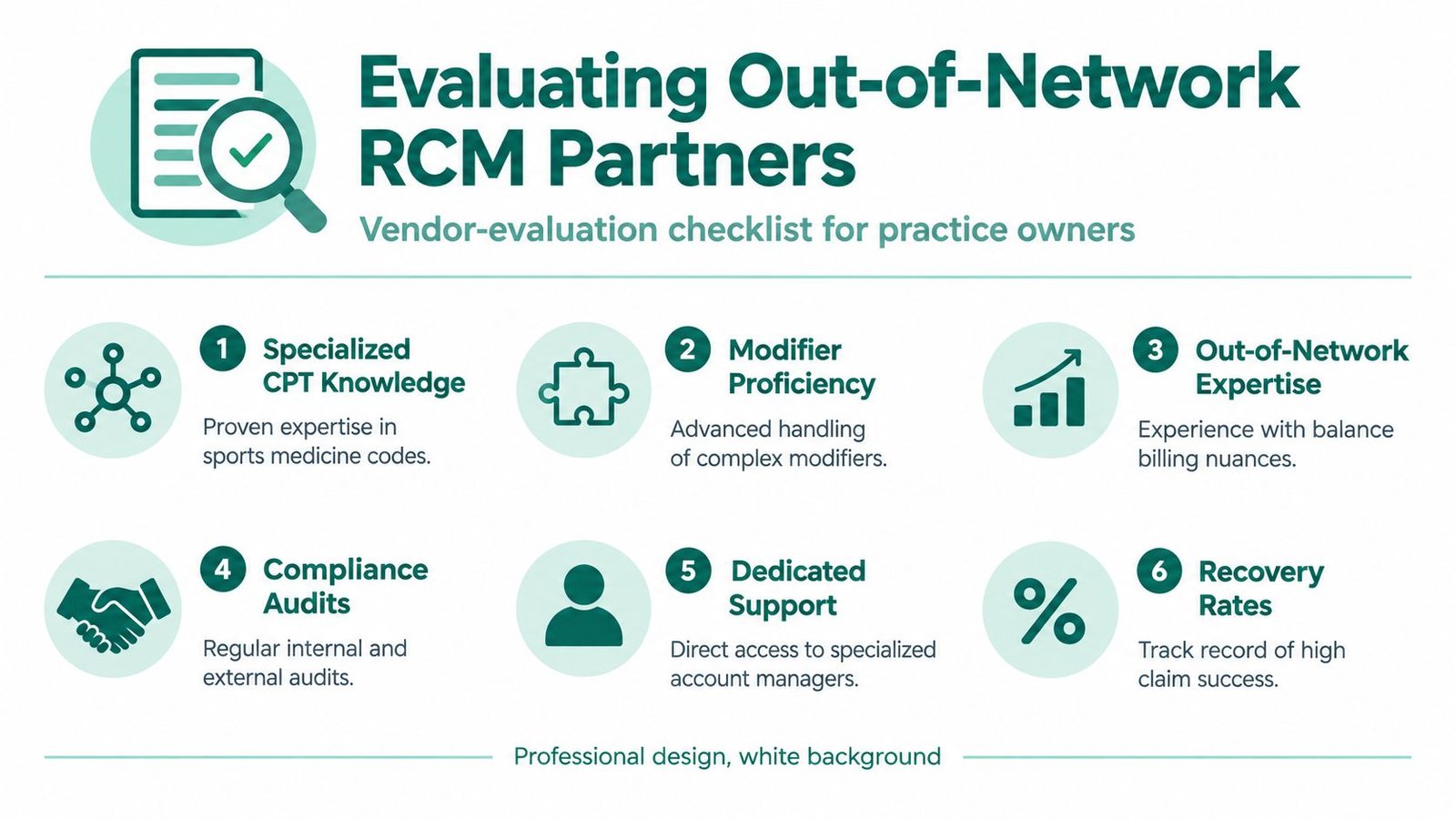 A checklist infographic for practice owners evaluating out-of-network RCM partners for sports medicine billing services.