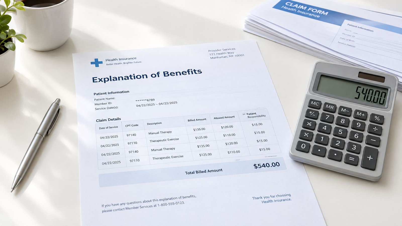 A document titled Explanation of Benefits laying on a desk next to a calculator and pen.
